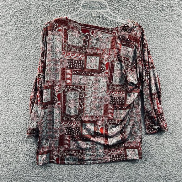 Above And Beyond Womens Top‎ 1X Burgundy Floral Patchwork Eyelet Detail Sleeve - Picture 2 of 10